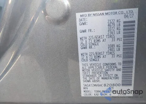 2017 Nissan Rogue S z USA, uszkodzony, nr VIN 5N1AT2MV6HC820800